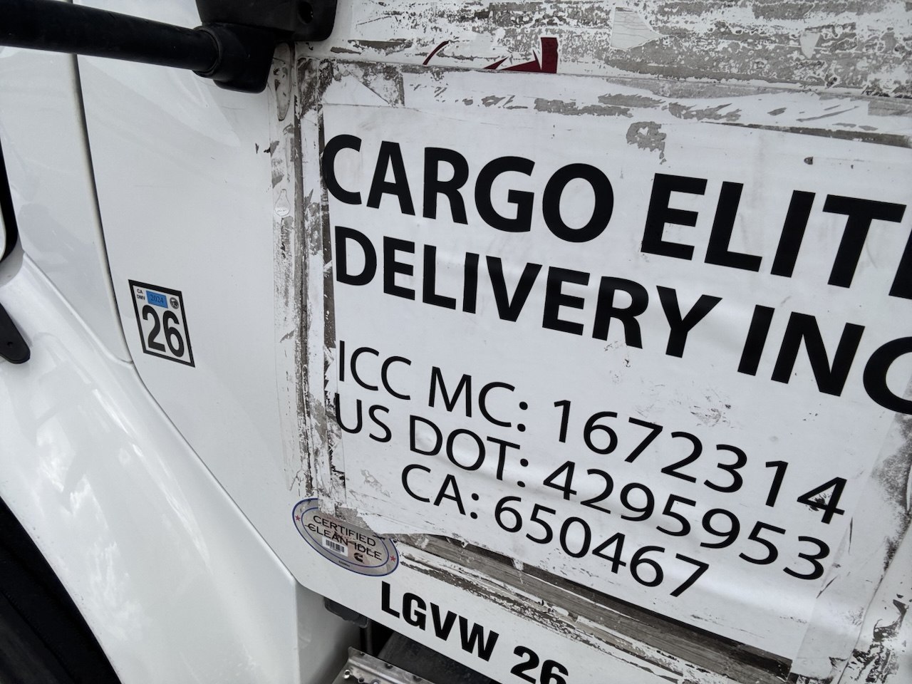 Cargo Elite Delivery Inc identification displayed on a white commercial truck, showing MC 1672314, USDOT 4295953, and CA 650467.